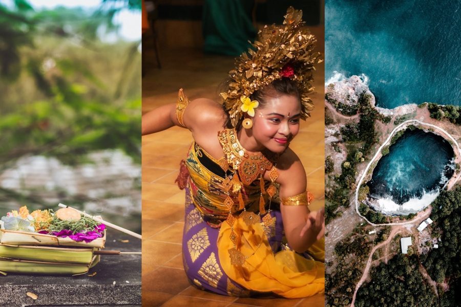 Offering materials to God, Balinese girl performing cultural dance, Aerial view of Nusa Penida