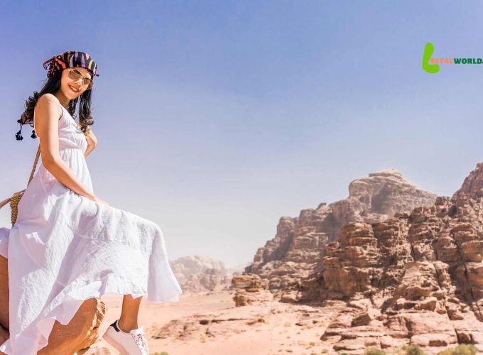 Girl enjoying the scenic rock formations at Wadi Rum on the 5 nights 6 days Jordan tour package