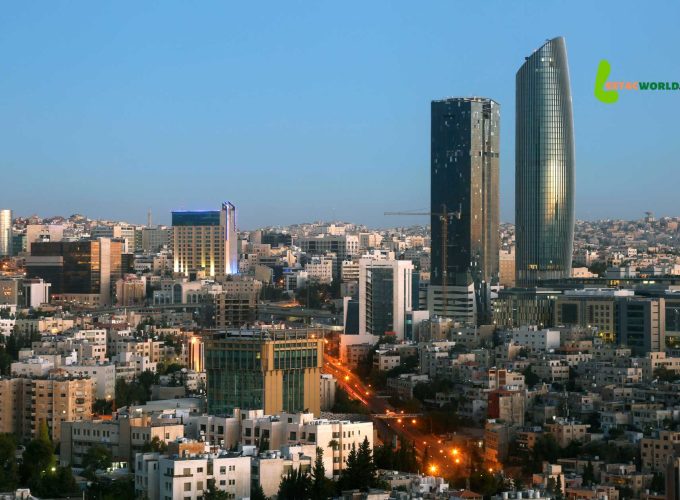 Aerial view of Amman city with Jordan Gate Towers at the centre