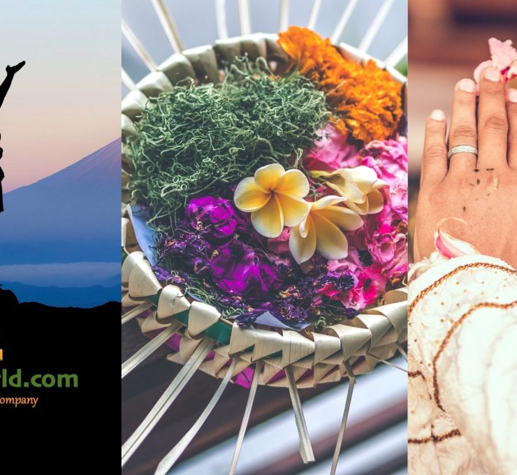 A Balinese dancer performing traditional dance, Balinese offering materials to the god, a girl standing at the peak of Mt Batur with a view of sunrise.