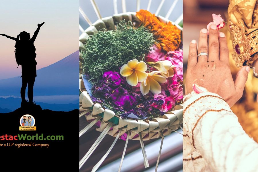 A Balinese dancer performing traditional dance, Balinese offering materials to the god, a girl standing at the peak of Mt Batur with a view of sunrise.