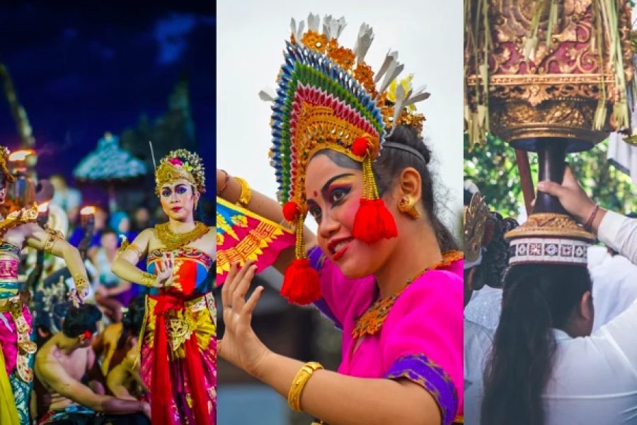Cultural Balinese dance performers and priests holding offerings during a ceremony walk.