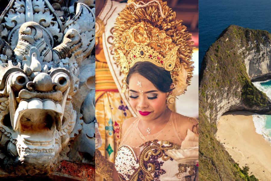 Collage of Barong statue, Balinese dance performer, and Nusa Penida cliff point