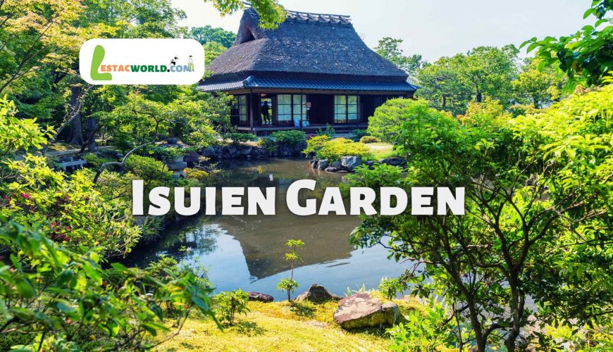 A serene Japanese garden scene with a pond, lush greenery, and traditional architecture in the foreground, and vibrant autumn foliage in the background
