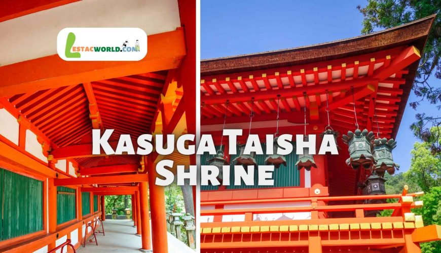 Kasuga Taisha Shrine's entrance gate, adorned with traditional Japanese architecture and lanterns, surrounded by trees