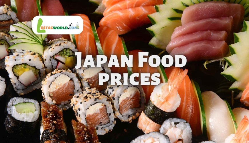 Colorful Japanese street food market with various food stalls and prices displayed. A guide to food prices for tourists in Japan.