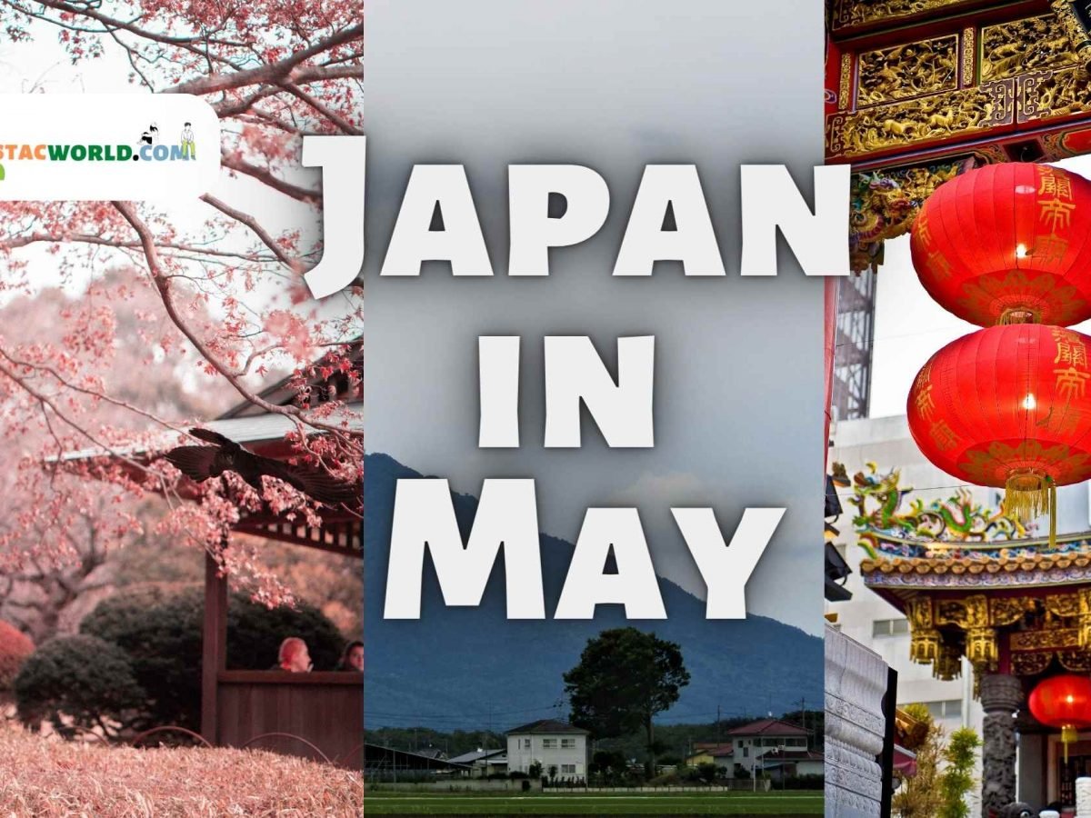 Image of a serene and picturesque Japanese mountian and houses with blooming cherry blossom , highlighting the question 'Is May the right time to visit Japan' as the perfect time to witness the country's beauty and cultural festivities.
