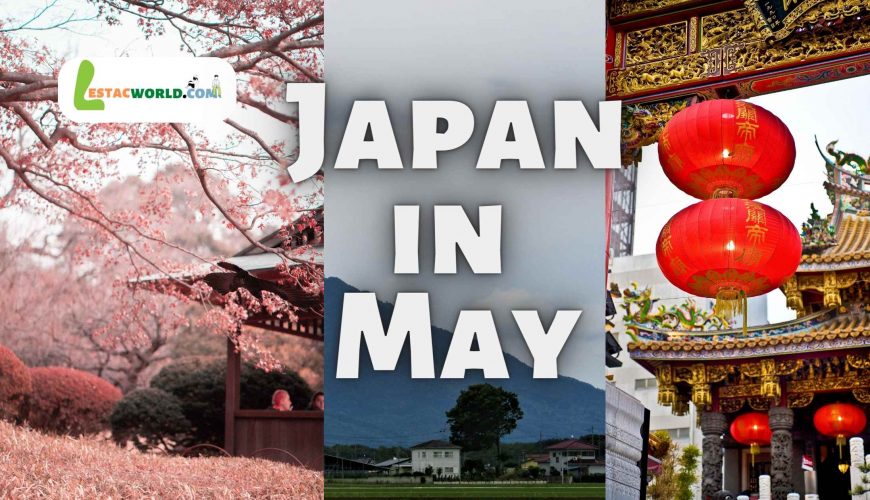 Image of a serene and picturesque Japanese mountian and houses with blooming cherry blossom , highlighting the question 'Is May the right time to visit Japan' as the perfect time to witness the country's beauty and cultural festivities.