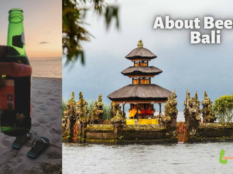 Adit Sarin holding a bottle of Bintang beer with a beach in the background, and photo of Ulundanu on the right side