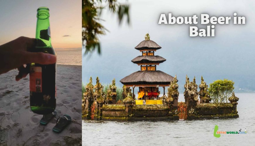 Adit Sarin holding a bottle of Bintang beer with a beach in the background, and photo of Ulundanu on the right side