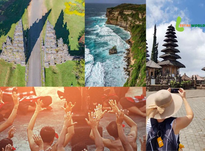 A collage of Handara Gate, Uluwatu, Kecak Dance, and Ulundanu Temple pictures in Bali.