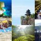 A collage of photos showing different attractions and activities in Bali, including Nusa Penida, Ayung river rafting, Uluwatu temple cliff, rice terrace, Tirta Empul pond, and a client sitting in front of Mt Batur view.