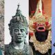 A collage of images from the 6 nights Bali tour with child, featuring Ayung river rafting, Wishnu (GWK) statue, Barong of Kecak dance, and Besakih temple.