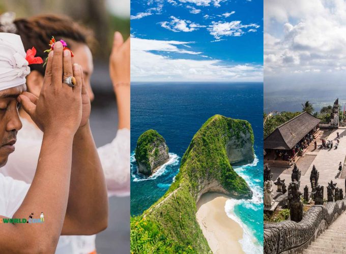 A collage of Balinese people praying, Nusa Penida cliff, and Gate of Heaven picture from far.