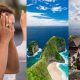 A collage of Balinese people praying, Nusa Penida cliff, and Gate of Heaven picture from far.