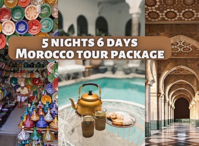 5 nights 6 days Morocco tour package - Collage of Moroccan cultural artifacts, tea kettle, and architectural interior