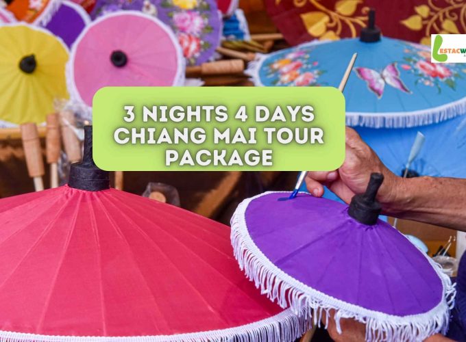 Colorful umbrellas adorning the streets of Chiang Mai, a vibrant cultural destination on the 3 nights 4 days Chiang Mai tour package.