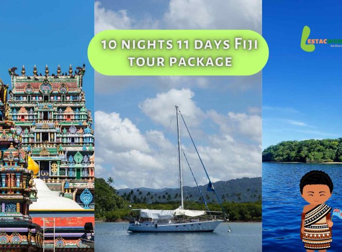 A captivating collage of images showcasing the highlights of a 10 nights 11 days Fiji tour package. On the left, a Hindu temple in Nadi, in the middle, the breathtaking Pacific Harbor, and on the right, the serene Taveuni Island.