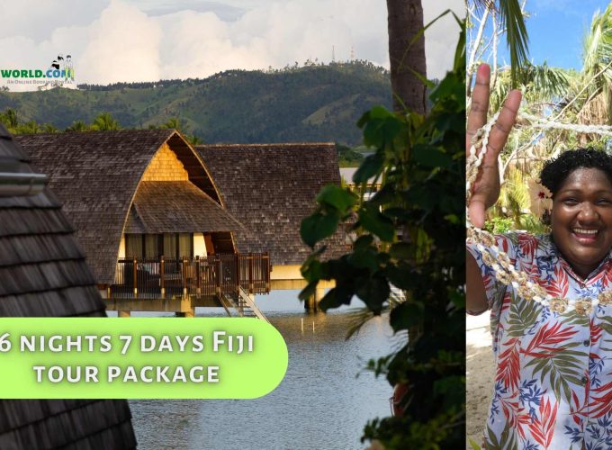 A collage featuring an overwater villa in Fiji on the left and a friendly local on the right, showcasing the charm of Fiji on the 6 nights 7 days Fiji tour package.