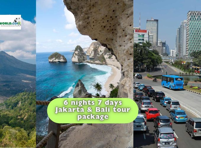 6 nights 7 days Jakarta & Bali tour package - A captivating collage showcasing the bustling roads of Jakarta, the pristine beauty of Nusa Penida's coastline, and the majestic view from the peak of Mount Batur.