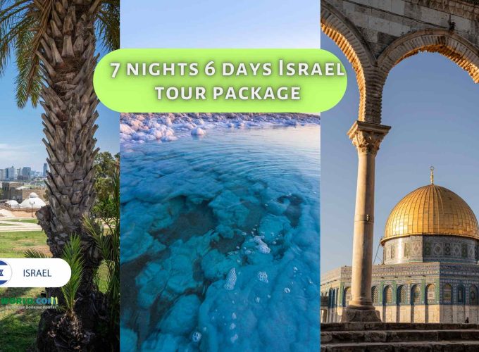 A captivating collage featuring Tel Aviv's city view, the serene Dead Sea, and the iconic Dome of the Rock in Jerusalem, showcasing the diverse experiences of the "7 nights 6 days Israel tour package.