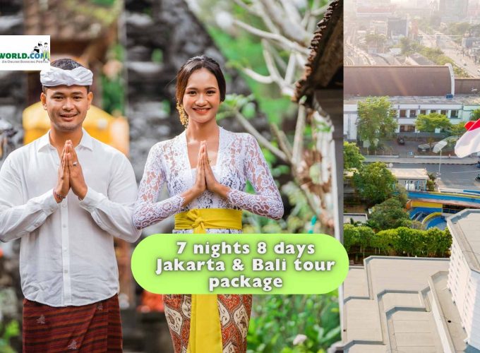 7 nights 8 days Jakarta & Bali tour package - Balinese couple in traditional attire welcoming with a smile.Indonesian flag being hoisted in Jakarta city.