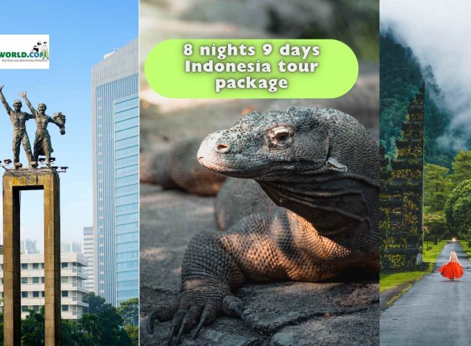 8 nights 9 days Indonesia tour package - A captivating collage featuring the Selamat Datang Monument in Jakarta, the majestic Komodo dragon of Komodo Island, and the iconic Handara gate in Bali.