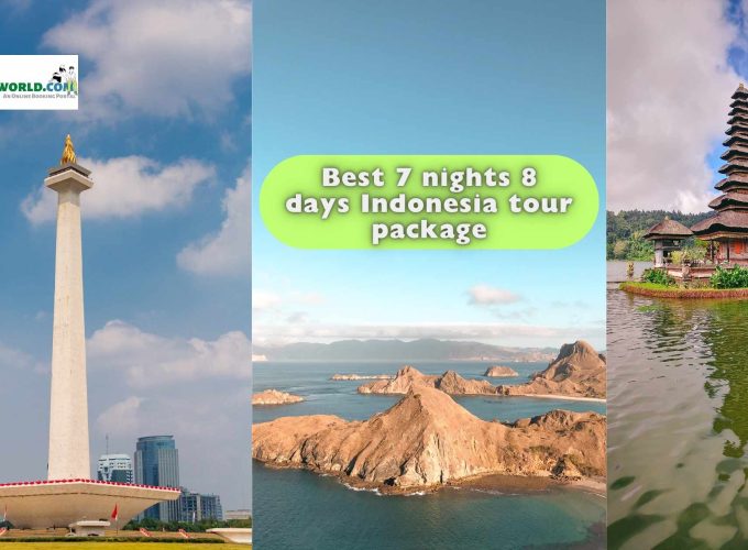 Best 7 nights 8 days Indonesia tour package - A captivating collage of Indonesia's cultural and natural wonders: the National Monument in Jakarta, the stunning Padar Island near Komodo Island, and the serene Ulundanu Temple in Bali.