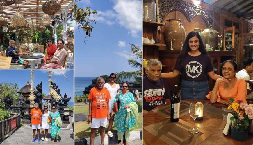 A collage of cherished moments from Thirtha's Bali tour with her parents.