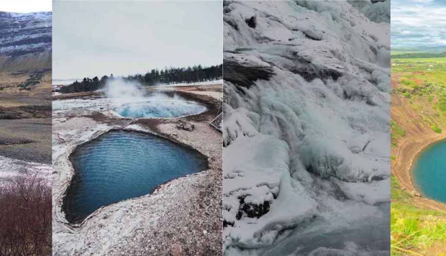 Collage featuring iconic stops on the Golden Circle in Iceland: Thingvellir National Park, Geysir Geothermal Area, Gullfoss Waterfall, and Kerid Crater Lake