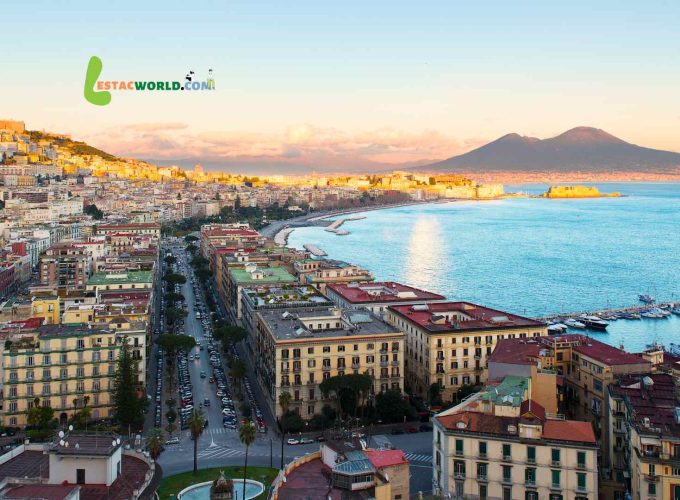 Aerial view of Naples, Italy, showcasing its stunning coastline and historic architecture.