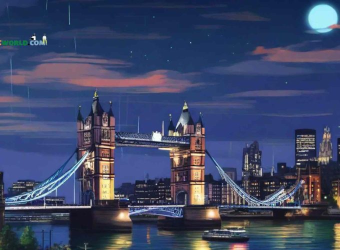 Tower Bridge illuminated at night with animated lights, showcasing the beauty of London.