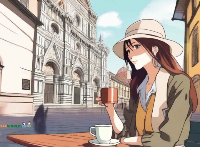 Girl enjoying coffee at a cafe in Florence, Italy.