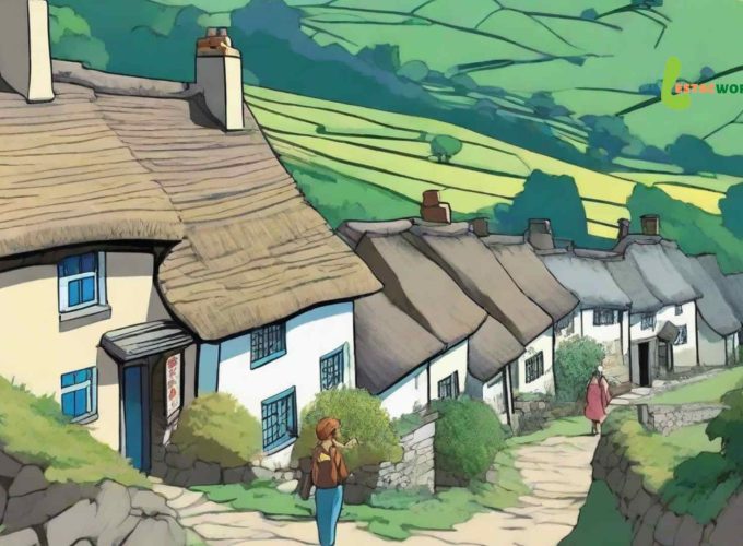 Animated illustration of a quaint village in England.