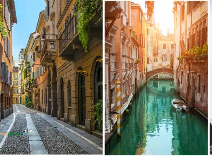 Collage of Rome's bustling streets and serene gondola ride
