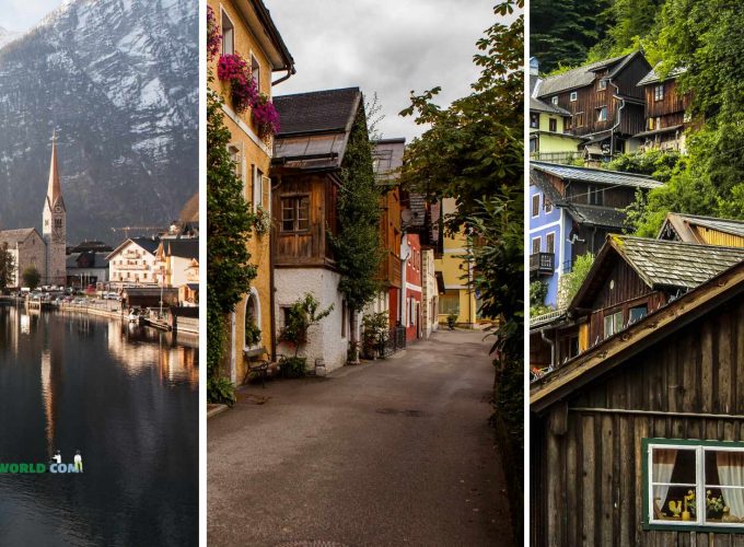 Collage of 3 Beautiful Images of Hallstatt - Crystal-clear lake surrounded by majestic mountains, iconic wooden bridge, charming historic buildings.