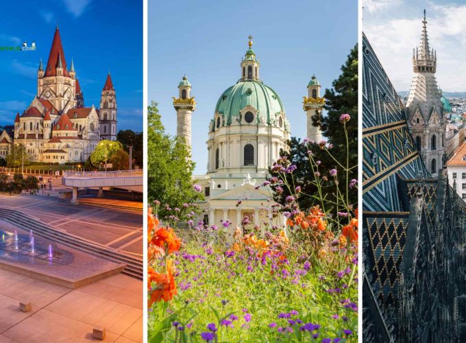 Collage of 3 Beautiful Images of Vienna - St. Stephen's Cathedral, Schönbrunn Palace, Belvedere Palace.