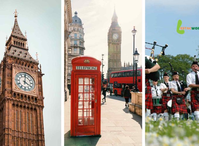 Collage featuring iconic symbols of London and Scotland - clock tower, telephone booth, and bagpiper.