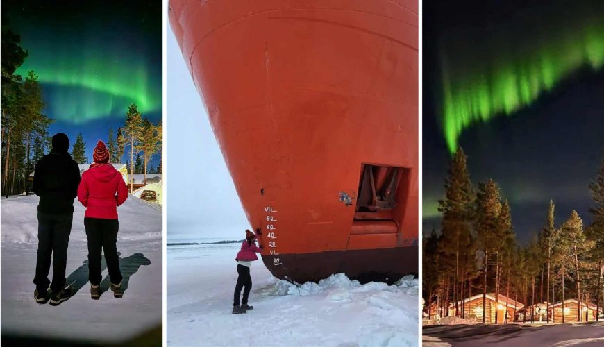 Radhika and Sreejith under the Northern Lights in Finnish Lapland. Radhika standing on frozen ice sea during an Ice Breaker Cruise. Northern Lights captured by the couple in Saariselka.