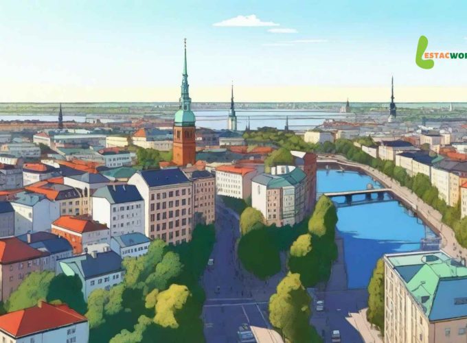 An animated aerial view of Helsinki cityscape during the summer season, showcasing vibrant buildings, lush green parks, and scenic waterfronts.
