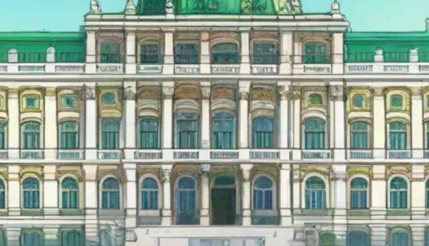 An animated depiction of Belvedere Palace in Vienna, Austria, surrounded by lush green gardens and vibrant flowers, with dynamic movement and vivid colors.