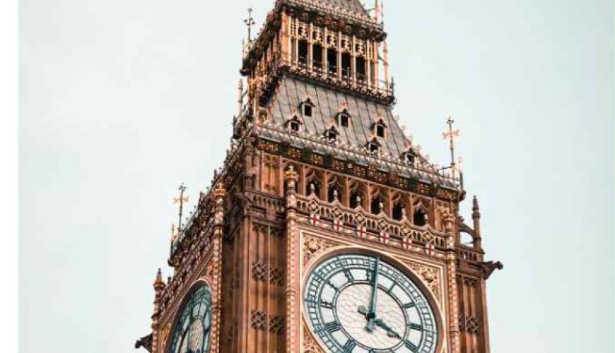 Collage featuring iconic symbols of London and Scotland - clock tower, telephone booth, and bagpiper.