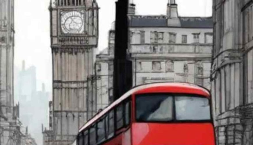 Animated illustration of a bustling London street with iconic red buses.