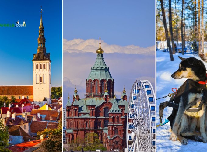 Collage of Tallinn old city, Helsinki Eye, and Rovaniemi Huskies