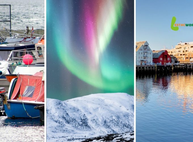 Collage of images showcasing boats in Tromsø port, the mesmerizing Northern Lights illuminating the sky in Tromsø, and the beautiful city buildings of Tromsø.