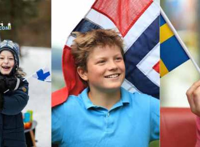 Group of Finnish, Norwegian, and Swedish boys proudly holding flags in a collage.