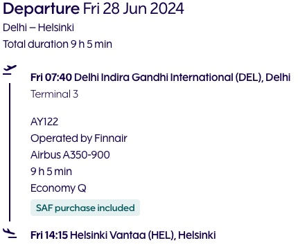 Flight Details from Delhi to Helsinki on 28th June 2024