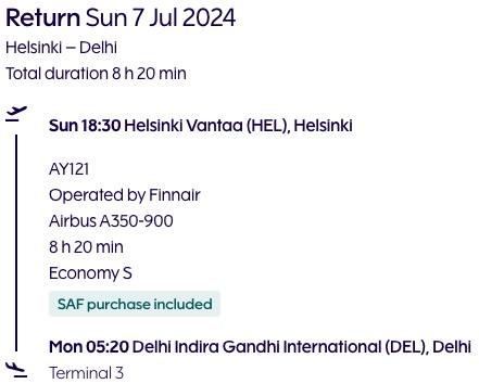 Flight Details from Helsinki to Delhi on 7th July 2024