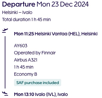 Helsinki to Ivalo Flight Details - Mon 23 Dec 2024 Flight details from Helsinki to Ivalo on December 23, 2024.