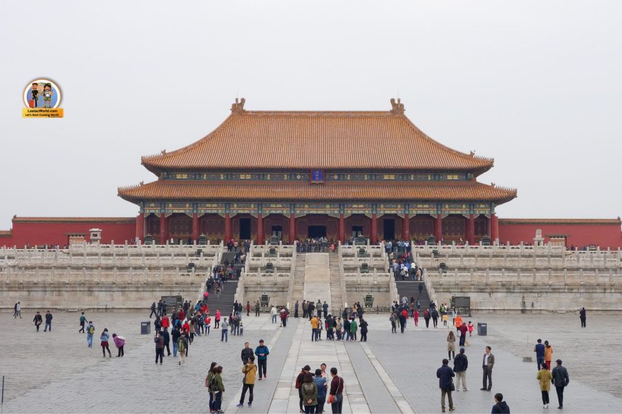Aerial view of the Forbidden City in Beijing, showcasing its traditional Chinese architecture and expansive courtyards.